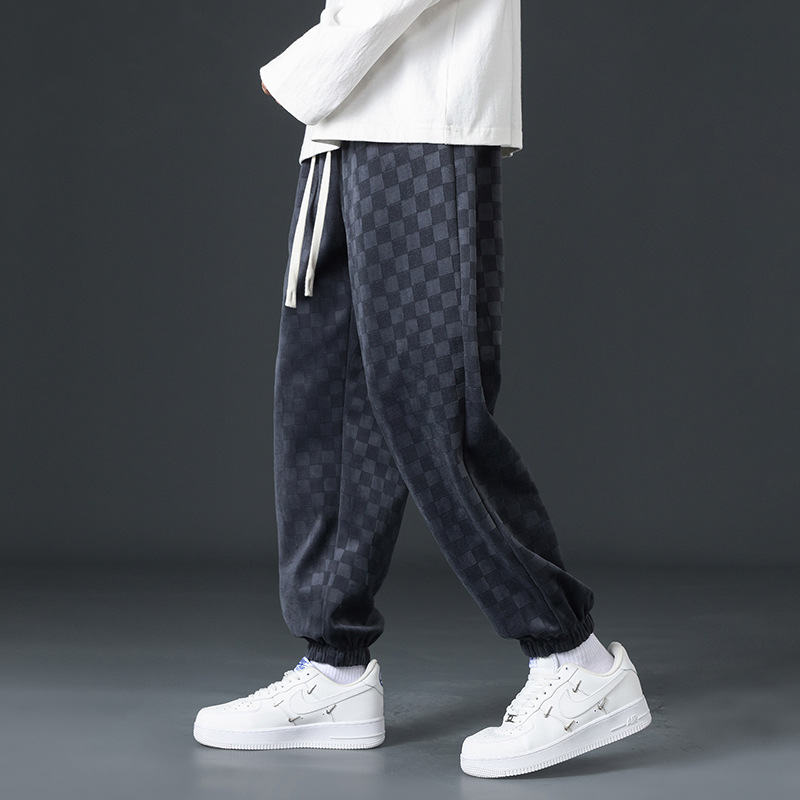 燈芯絨(棋盤格)休閒褲男寬鬆闊腿高街韓版束腳褲垂感運動褲衛褲