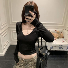 魔西女王早秋正肩V领弹力修身纯色百搭面膜T打底衫女短款显瘦上衣