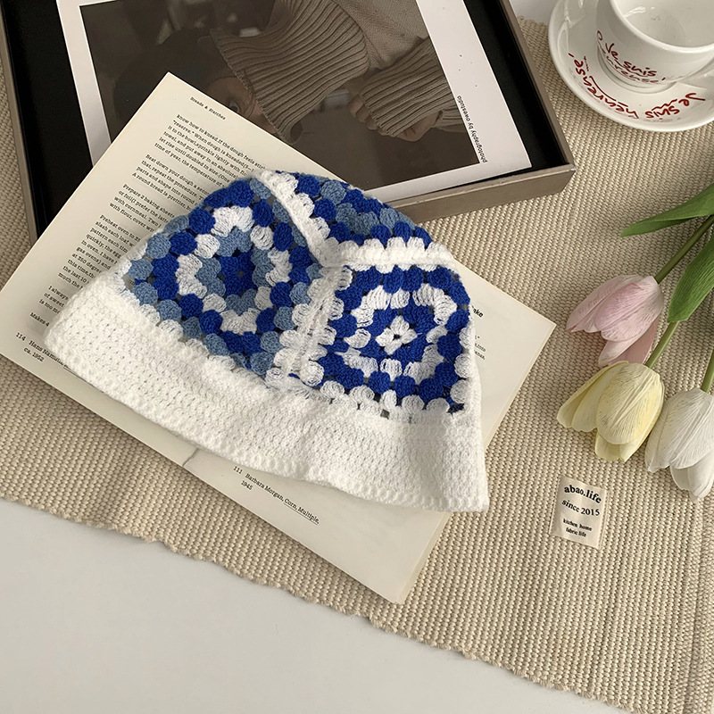 Sombrero de cabeza grande Sombrero de pescador de arte japonés Sombrero plegable de cúpula de flores de punto a juego de color para mujer Sombra de protección solar