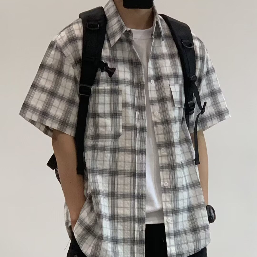 日系cityboy高街虚影格子短袖衬衫男ins宽松百搭情侣半袖翻领衬衣