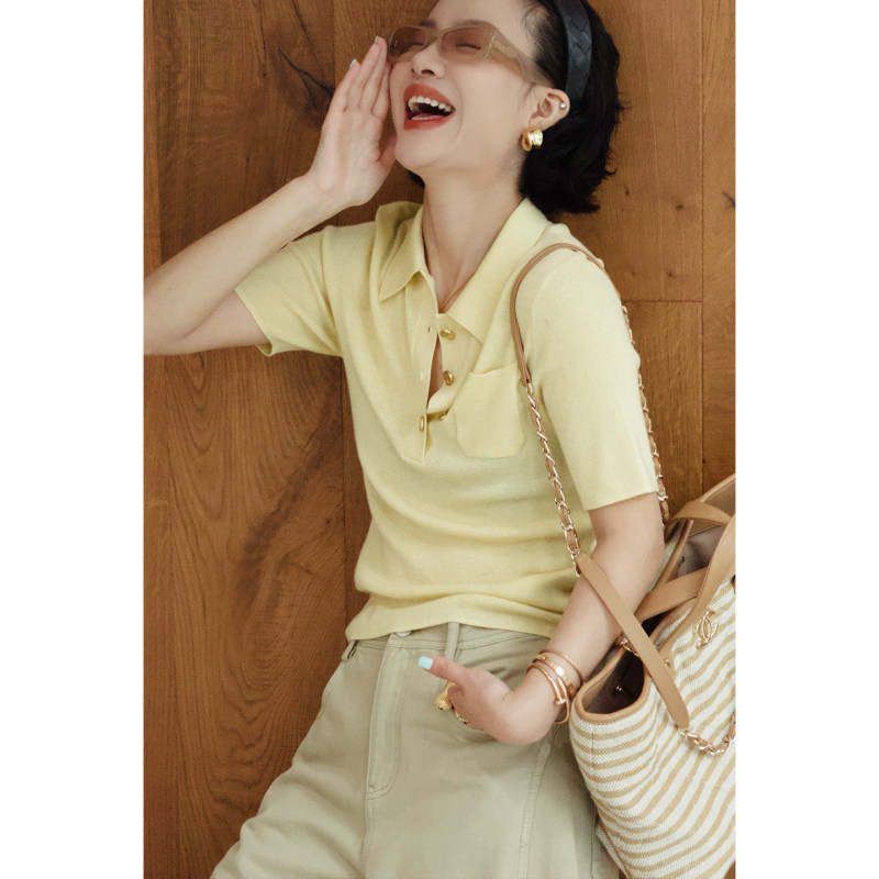 Jomi Studio Fashionable Knitted Polo Collar Top for Women 2026 New Summer Korean Style Slimming Short-Sleeved T-Shirt