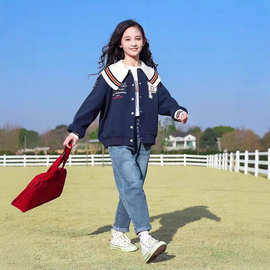 女童棒球服外套春秋款2025新款中大童休闲翻领学院风秋装开衫上衣