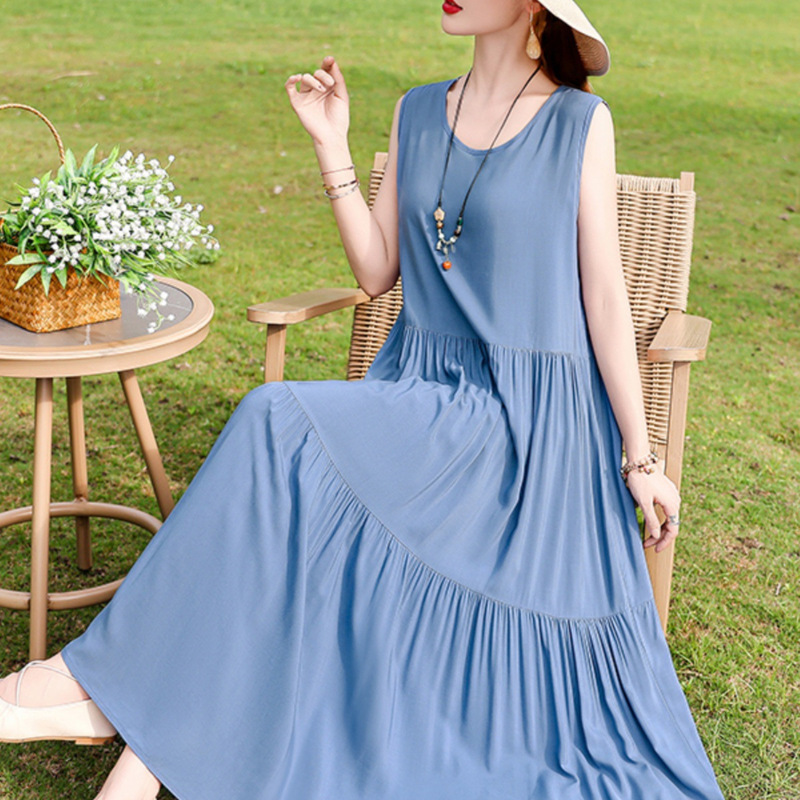 French High-End Dress for Women Summer 2025 New Loose Large Size Extra Long Cotton Silk Floral Vest Skirt