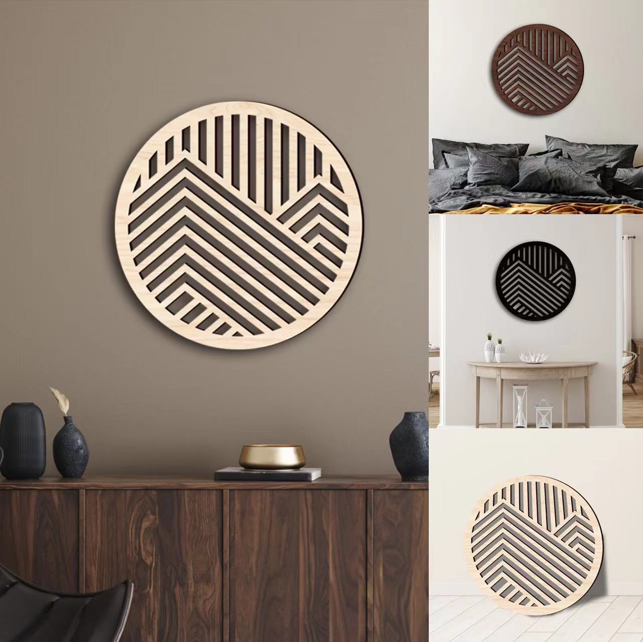 MZ167 Kreativer 3D-Farbhohlholz-Rundwandaufkleber-Aufhänger für Zuhause, Hintergrund, Wanddekoration, Holzbrett, 5 mm_voghion.com