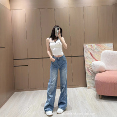 25春の新作小衆レトロ洗水クロスプリントデニムストレートパンツ女性モデル