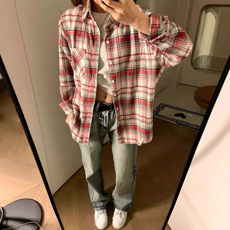 American retro plaid long sleeve shirt top women's spring and autumn sanding loose long shirt coat factory wholesale