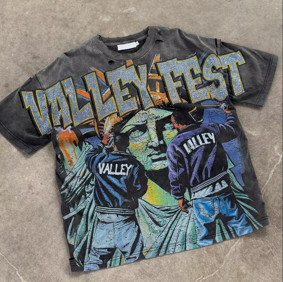 Verano estilo americano retro impresión oscura lavado con agua hace viejos bloques sueltos oversize hip hop skate camiseta de manga corta