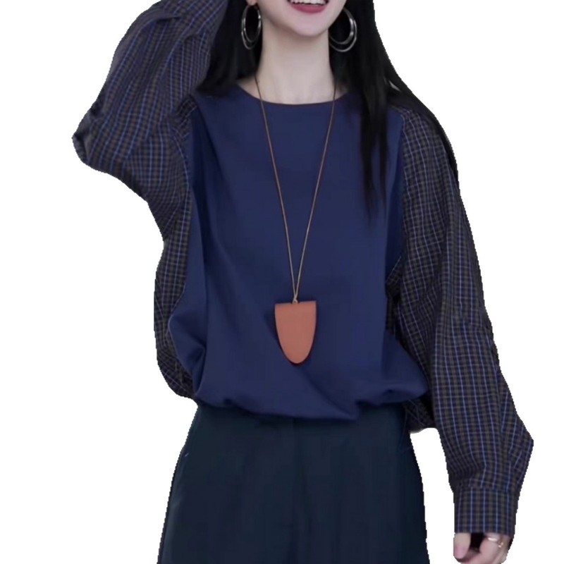 琪镌绘制轻奢复古格纹拼接假两件圆领长袖卫衣衬衫女秋季宽松上衣|undefined