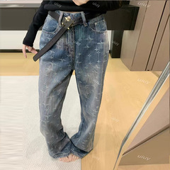 欧货2025秋季新款印花牛仔裤女韩版时尚渐变高腰显瘦阔腿拖地裤子