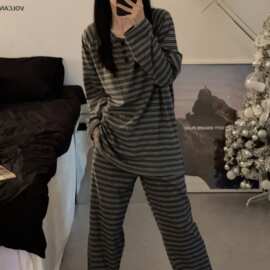 家居服套装秋冬睡衣女新款德绒条纹可外穿简约春季睡裤圆领