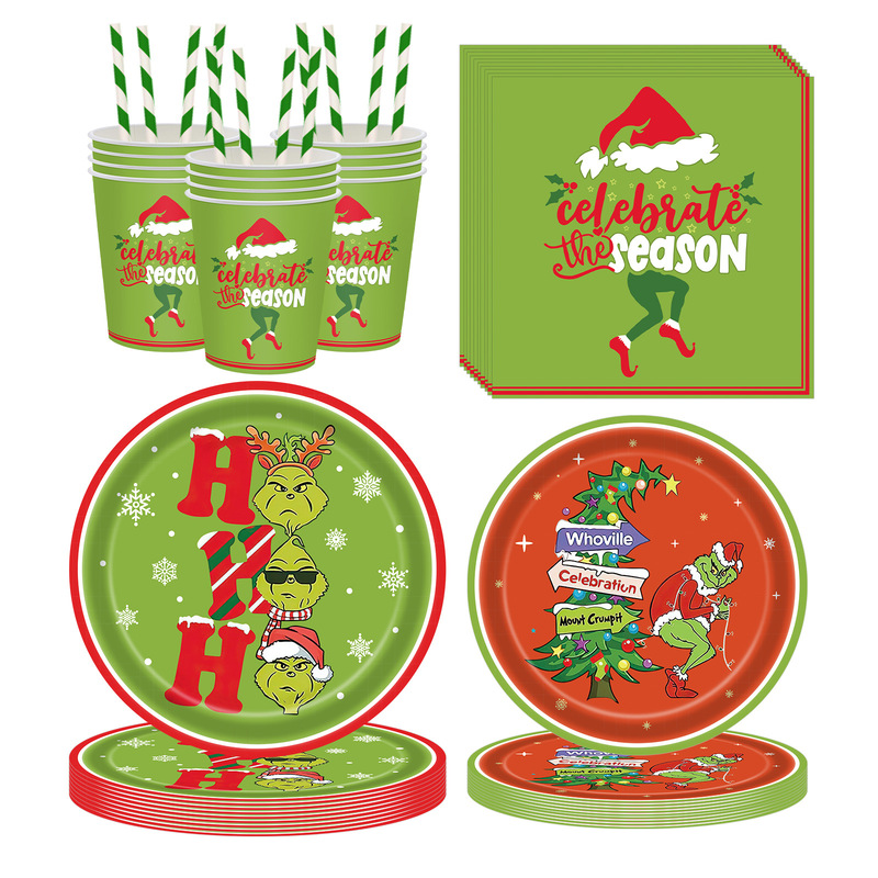 Christmas Grinch Themed Tableware Disposable Paper Plates Paper Towels Paper Cups Christmas Cartoon Party Decorations Set
