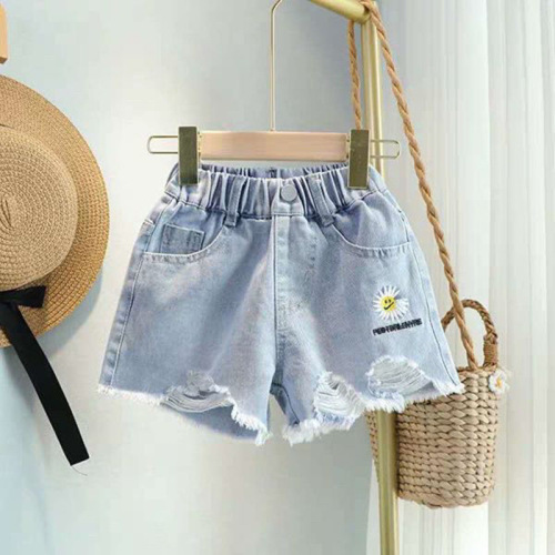 Children's clothing wholesale girls' denim shorts summer new style children's style medium and large children's ripped baby shorts