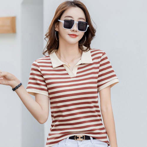 411 休闲百搭条纹polo衫女夏季短袖t恤大码宽松翻领复古正肩短袖T