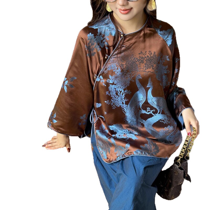深圳南油2025新品中式重磅真丝老缎定位花太太服上衣篙端气质衬衫|undefined