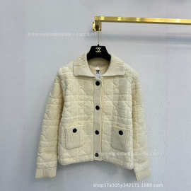 高货菱格纹羊毛针织开衫外套25春季新款气质高级加厚翻领短款毛衣