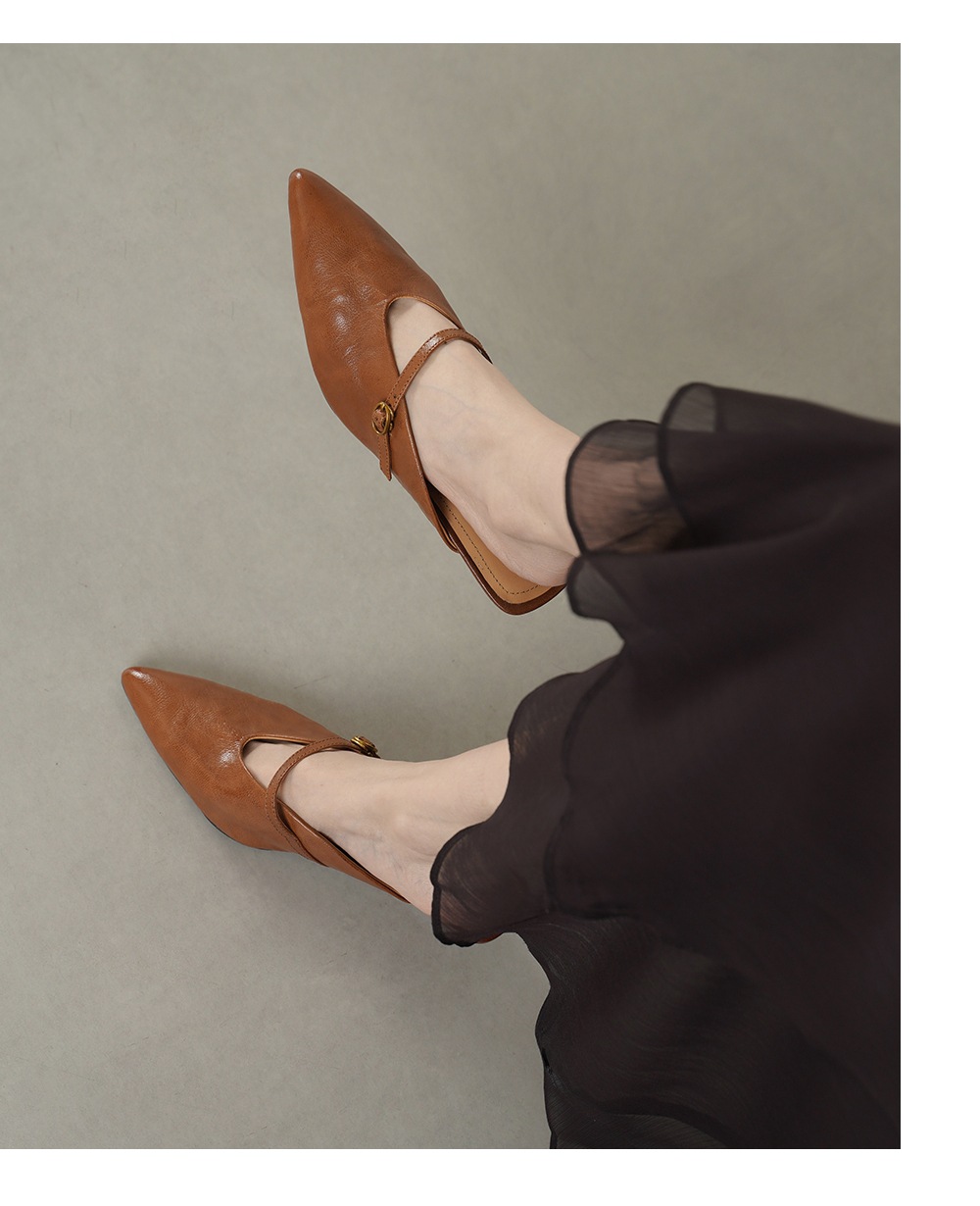 Giày mule nữ da cừu mũi nhọn quai ngang gót thấp — đen chi tiết 5