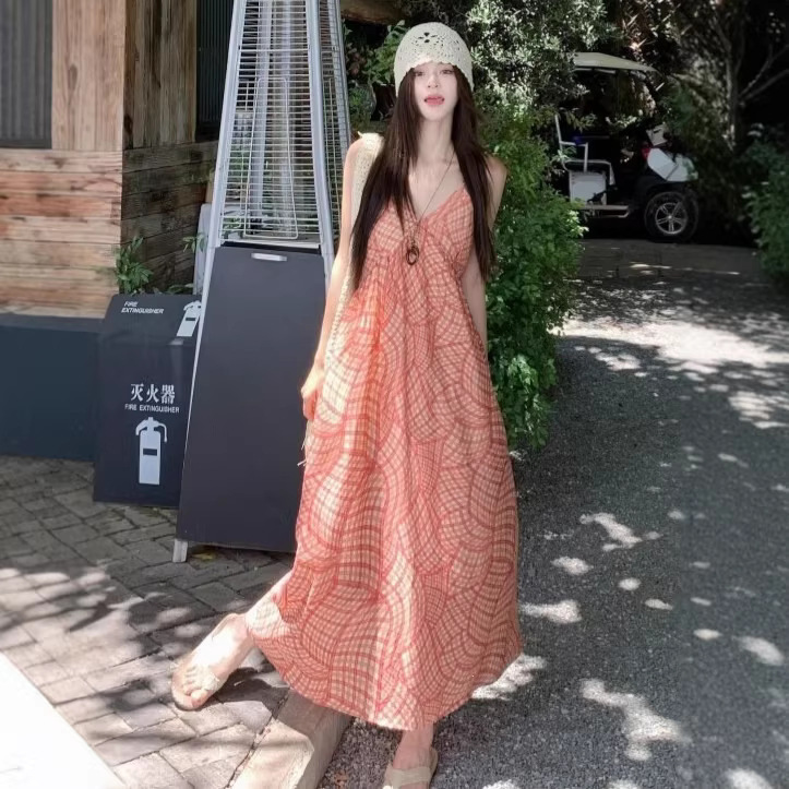 Beach Vacation Style Dress for Women, Summer 2026 New Model, Loose and Relaxed Casual V-Neck Plaid Strap Long Dress Beach Vacation Style Dress for Women, Summer 2026 New Model, Loose and Relaxed Casual V-Neck Plaid Strap Long Dress