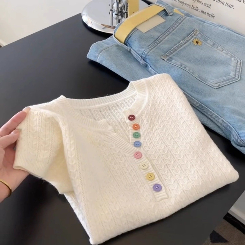 Korean Style Gentle Style Colorfulful Button Short-Sleeved T-Shirt for Women 2025 Spring and Summer Design Sense of Western Style Age-Reducing Knitted Top