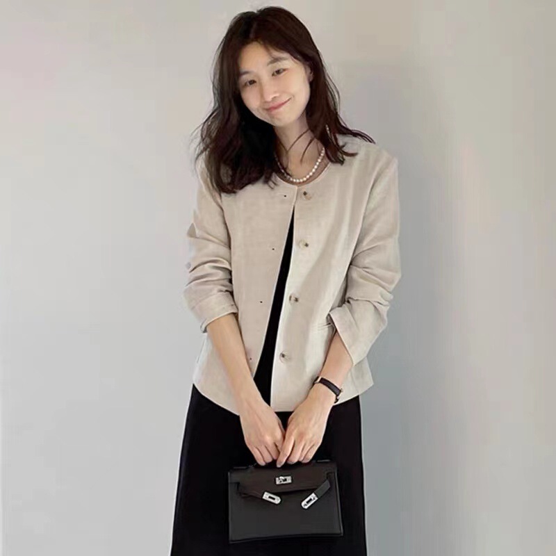 2023 Summer New Korean Linen Sunscreen Top Cardigan Jacket Coat Women's Long Sleeve Round Neck Small Suit Jacket