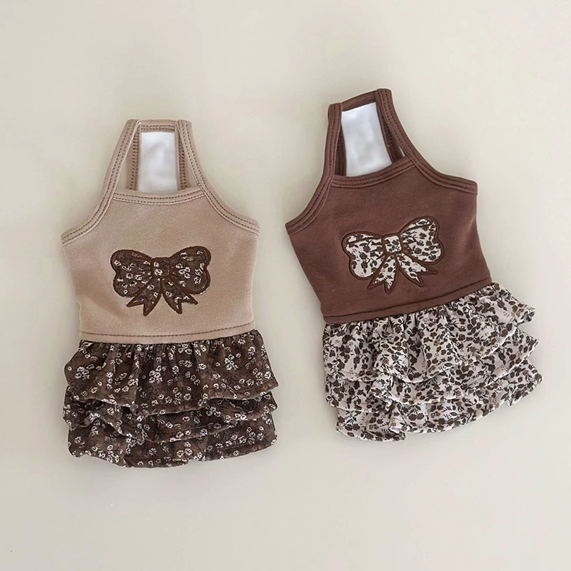 Одежда для домашних животных Mifaya Factory Direct на весну, осень и зиму, винтажное коричневое базовое платье с флисовой подкладкой и цветочным принтом на лямках