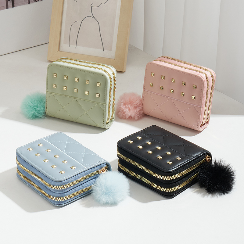 Monedero de cambio remachado 2024 mini bolsa en línea bienestar de venta de doble cremallera bolso de peluche bolso de tarjeta pequeña billetera ligera