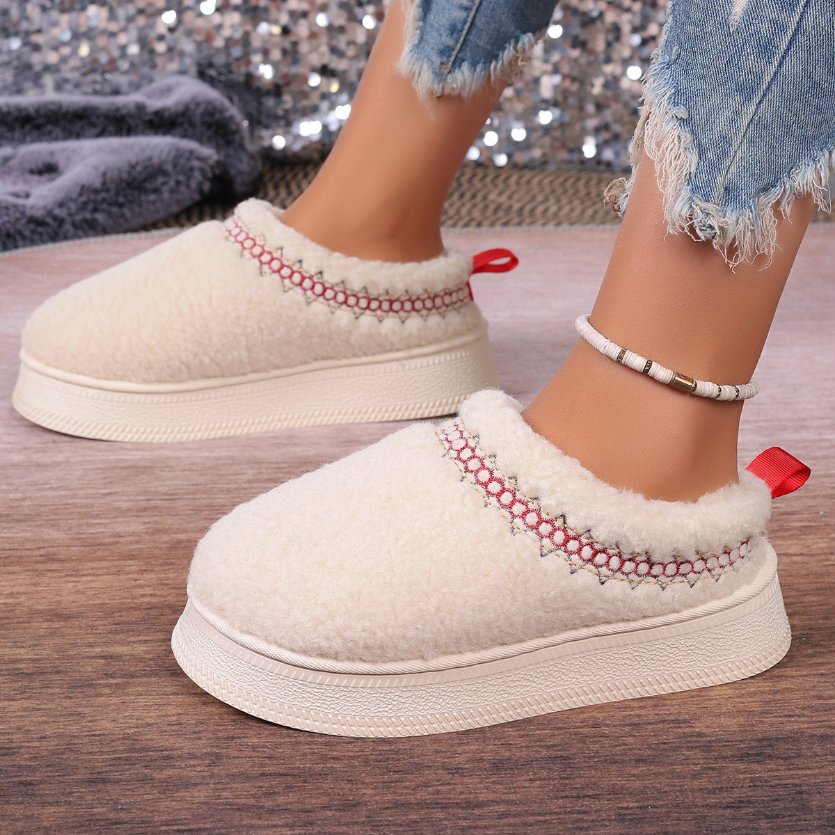 Vastag talpú báránygyapjúból készült, szélálló, téli, baotou félpapucs, női, új, csipkés, gyapjas, hótaposós, pamut papucs_voghion.com