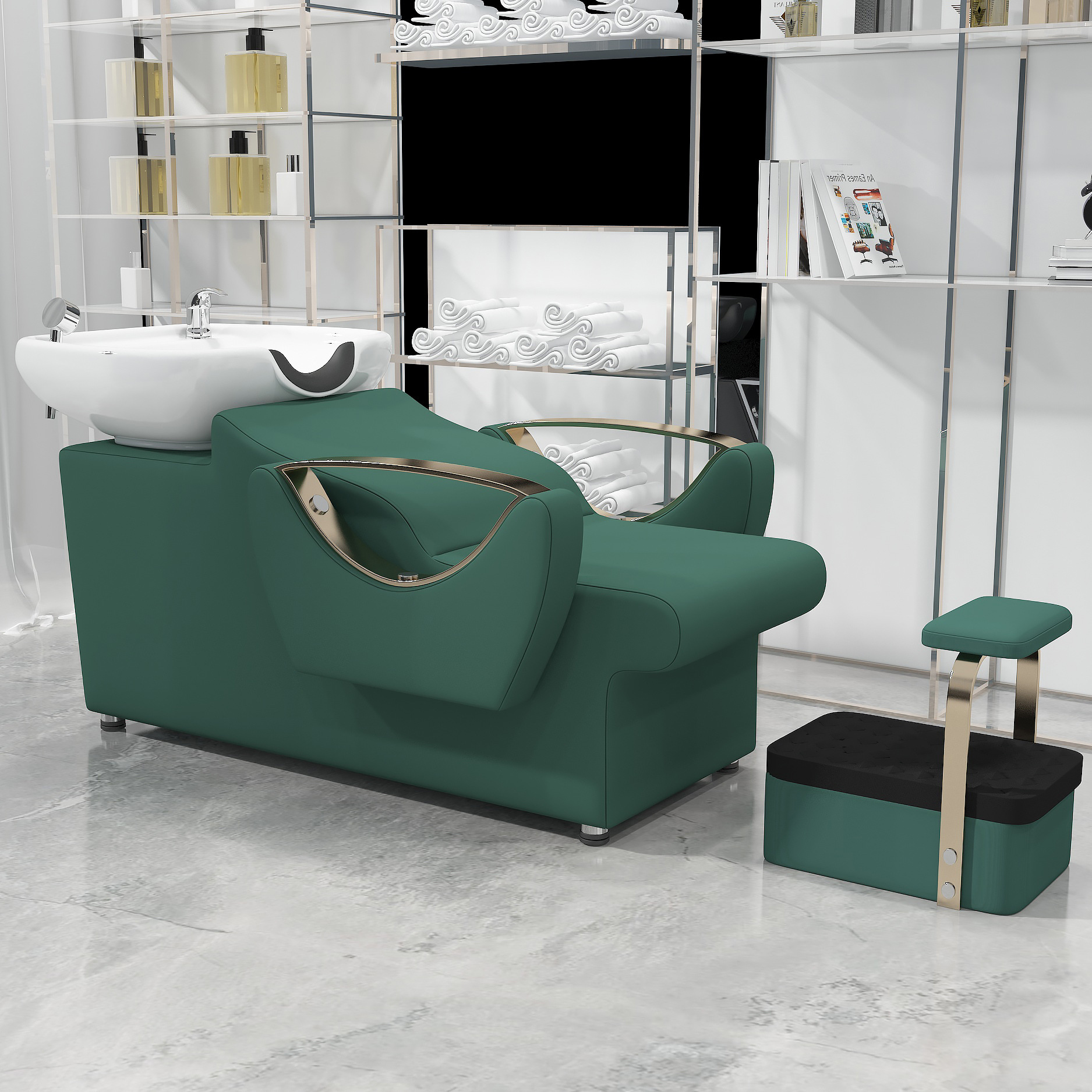 Barbería cama de lavado de cabello semi-recostada cama de lavado de cabello salón de peluquería lavabo de cerámica sillón con pedal cama de lavado de cabello de cuero