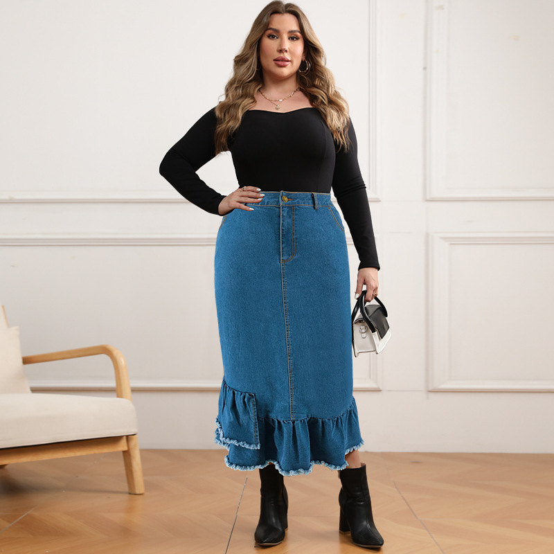 Dames plus size denim rok met kwastjes lang en elegante pasvorm_voghion.com