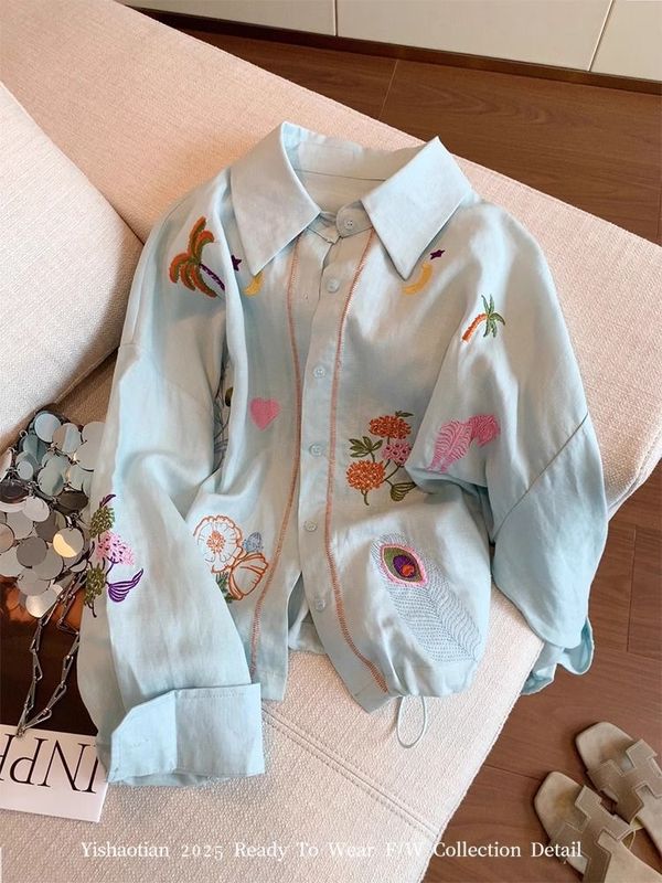 ブルー重工業刺繍日焼け止めシャツ女性のための 2025 夏の新しいハイエンドファッションルーズ長袖薄手のジャケット|undefined