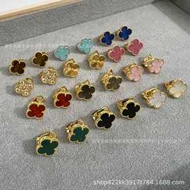 高版本四叶草耳夹女白贝母红玉髓带钻耳拍厚金电镀银针防过敏耳钉