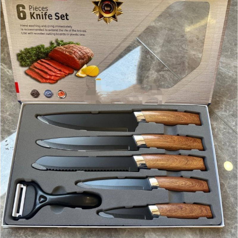 Juego de seis piezas con mango de grano de madera - caja negra hecha a mano con soporte de terciopelo