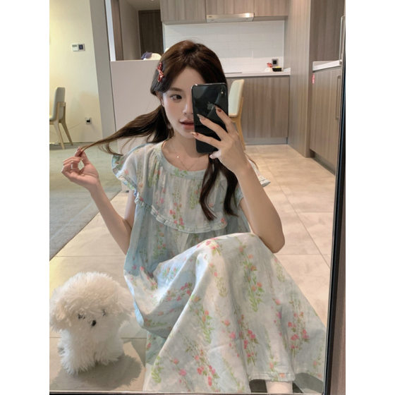 Korean Style Sweet, Fresh, Pastoral, Loose, Breathable, Soft Double Yarn Short-Sleeved Summer Outer Wear Home Clothes
