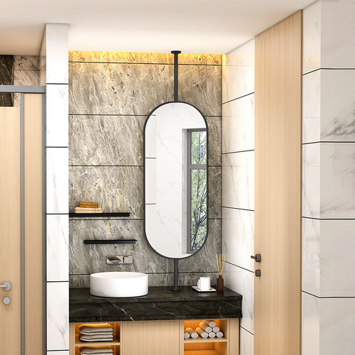 Bathroom ceiling-mounted elliptical lighted mirror for hotel guest rooms and homestays, with lighted sink and mirror-back painting