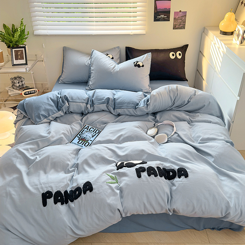 Simple ins toallas de algodón lavados bordadas cuatro piezas sábanas cubiertas cama de dibujos animados dormitorio de tres piezas ropa de cama