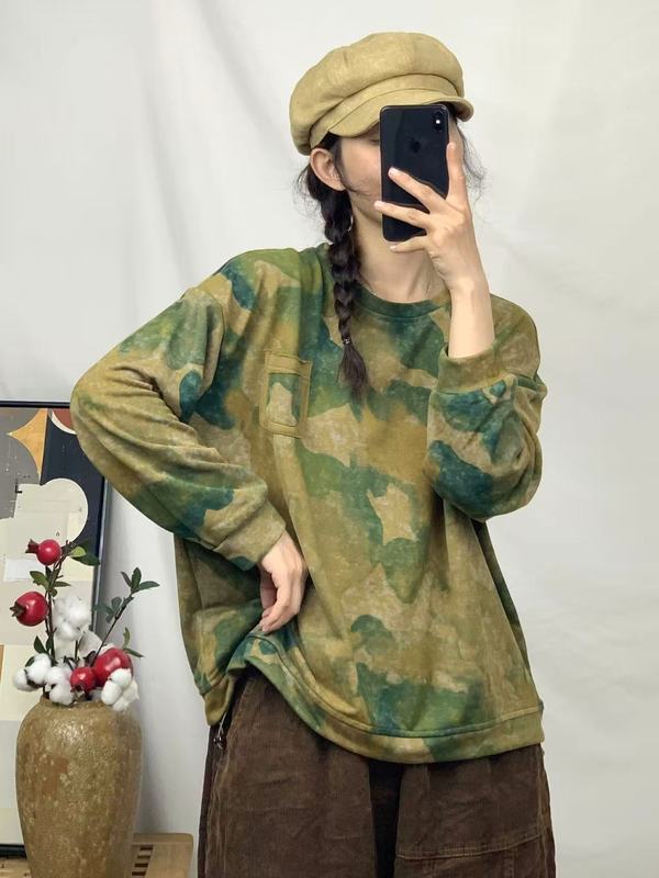 下摆抽绳印花卫衣女 2025秋新款复古文艺宽松圆领套头长袖上衣|undefined