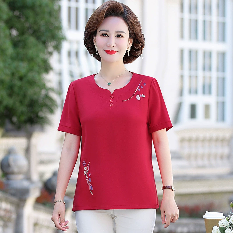 Летняя женская футболка с короткими рукавами и круглым вырезом для женщин среднего и пожилого возраста, свободная одежда для мам, эластичная рубашка большого размера, топ