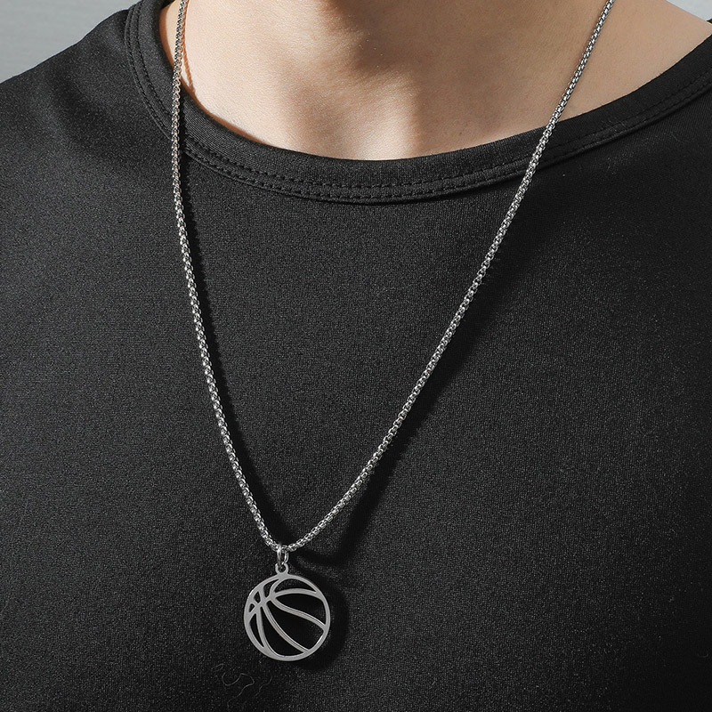 Stainless Steel Smooth Hollow Basketball Pendant Fashion Simple Titanium Steel Necklace display picture 5