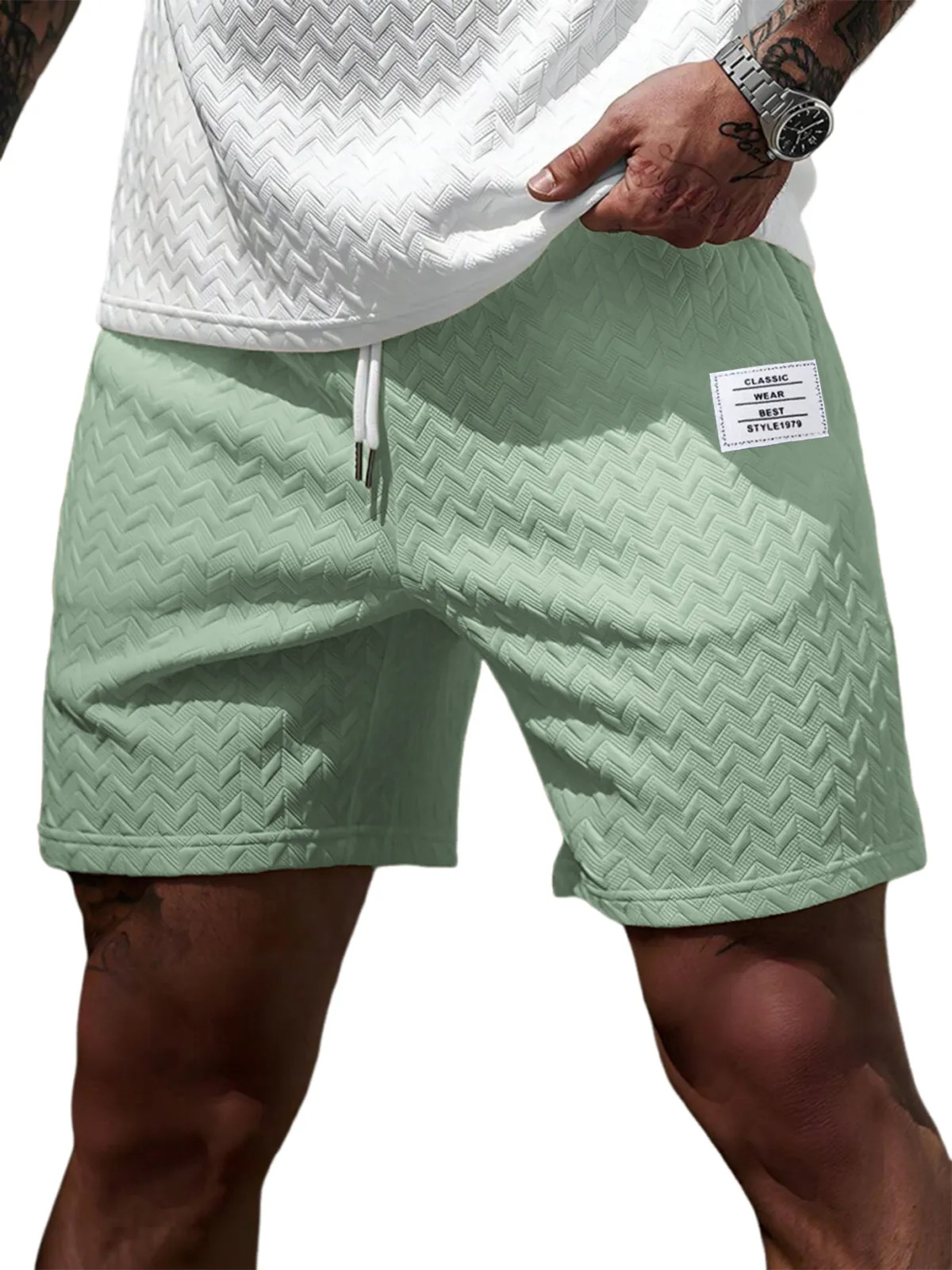 Short d'été décontracté pour homme, coupe ample, couleur unie, tissu jacquard, cordon de serrage, style plage, pour occasions formelles et décontractées._voghion.com