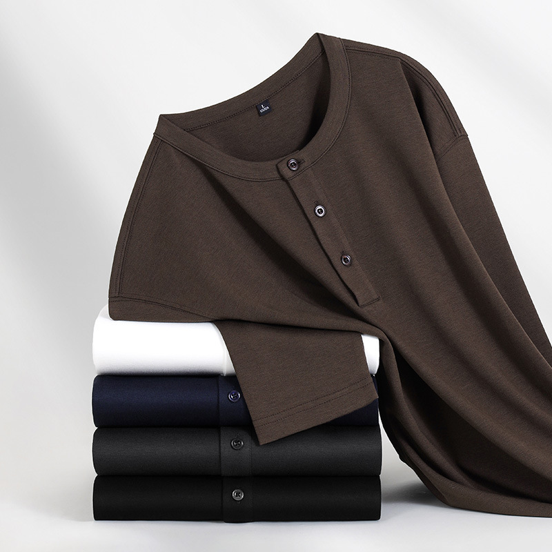 High-End Light Luxury Autumn and Winter New Long-Sleeve Half-Button Henry Collar Men's Henry Collar Inner Layering Shirt Top Trendy