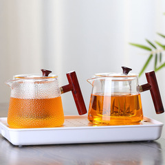 Glass Hammered Pattern Side Handle Steaming Tea Pot High Borosilicate Glass Tea Maker Wood Handle Tea Pot Steaming and Brewing Two-in-One Tea Set