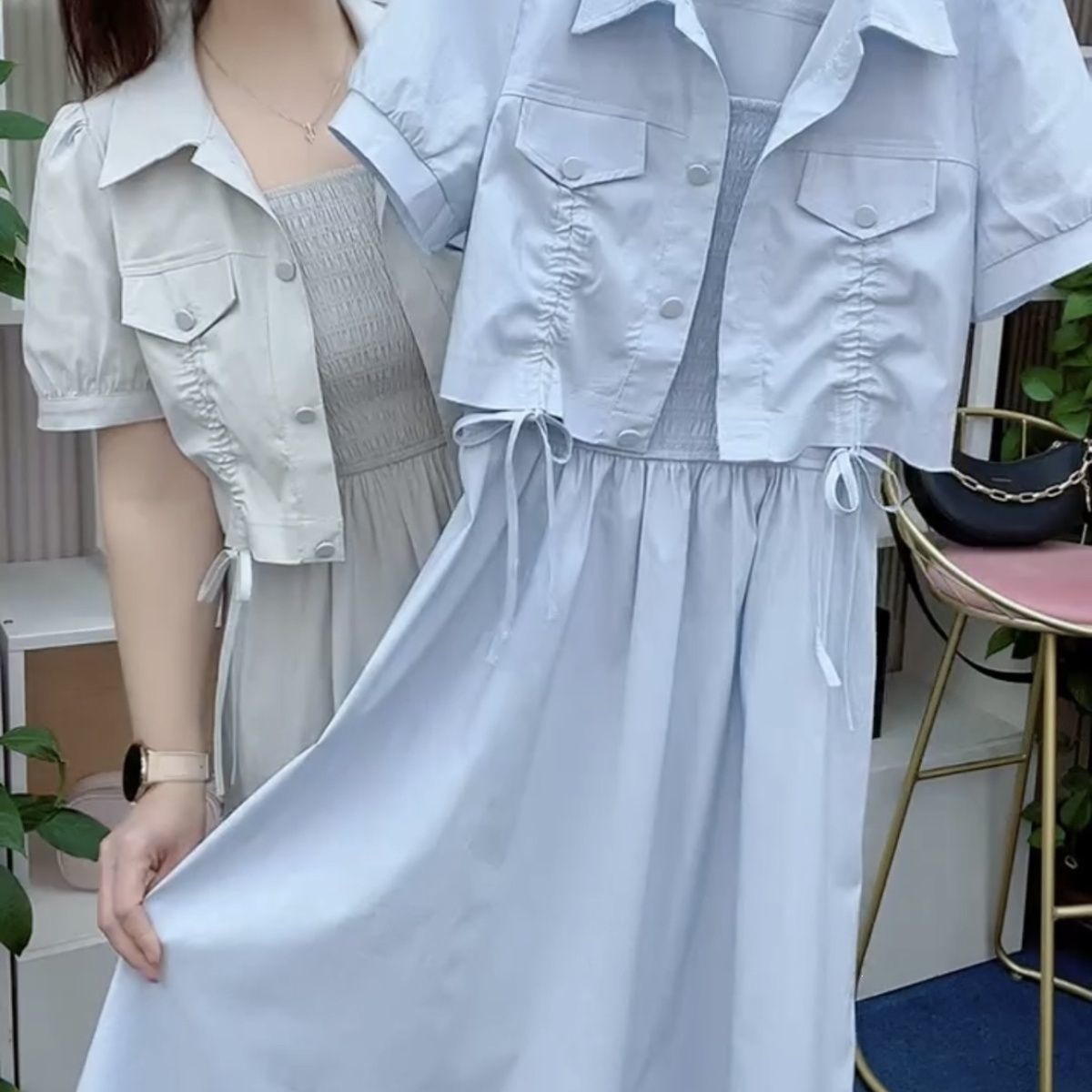 Bộ váy hai mảnh mùa hè gồm áo treo và váy ngắn tay phong cách casual — Hai mảnh màu xanh nước chi tiết 16
