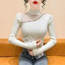 秋冬款网纱镂空烫钻钉珠女不规则修毛衣半高领打底衫长袖上衣