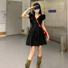 French black pleated V-neck backless women's summer feel niche design waist-cinching pure desire pleated mini skirt