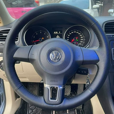 Volkswagen 12-15 Jetta Santana Steering Wheel Cover, Hand-Stitched, Special for Polo Golf 6, Leather Cover 11-15 (Steering wheel cover) - volkswagen-series-with-holes-on-both-sides-black-leather-hand-stitched-with-black-thread-38cm