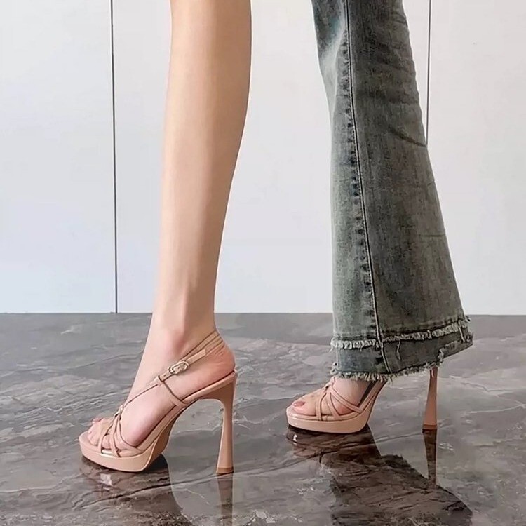 2026 Summer French-Style Cross-Strap Buckle Platform Square-Toe Stiletto Fashion Sandals for Women