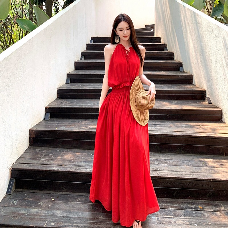 Red Halter Neck Suspender Dress for Women, Summer French Style High-End Long Dress, Seaside Vacation Beach Dress, Elegant and Flowing for Summer