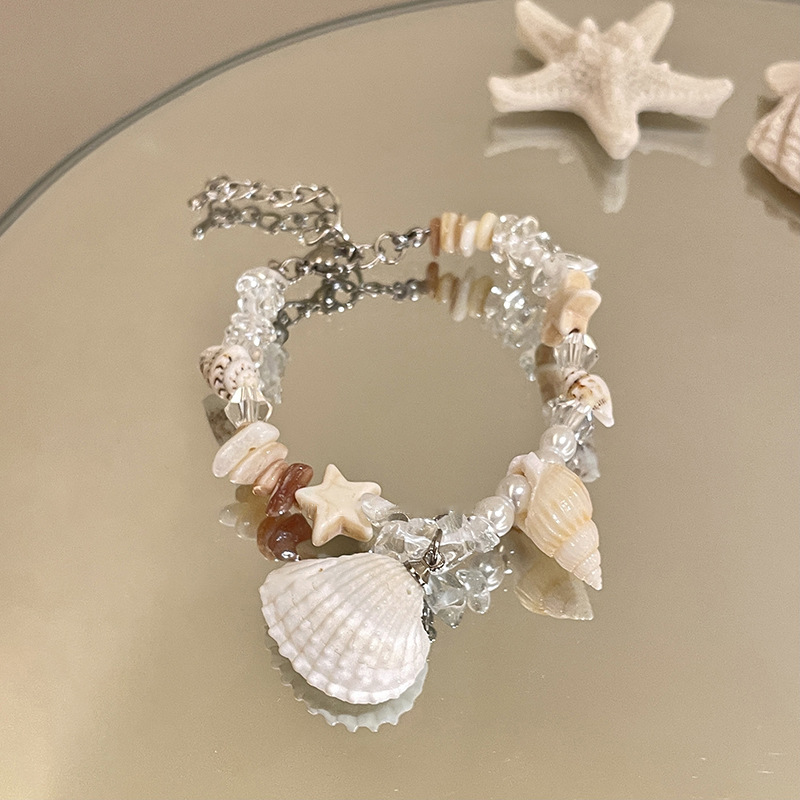 Concha, concha, estrella, piedra natural, cerámica, pulsera de perlas, pulsera de estilo de vacaciones junto al mar, joyería de todo fósforo fresca y de moda