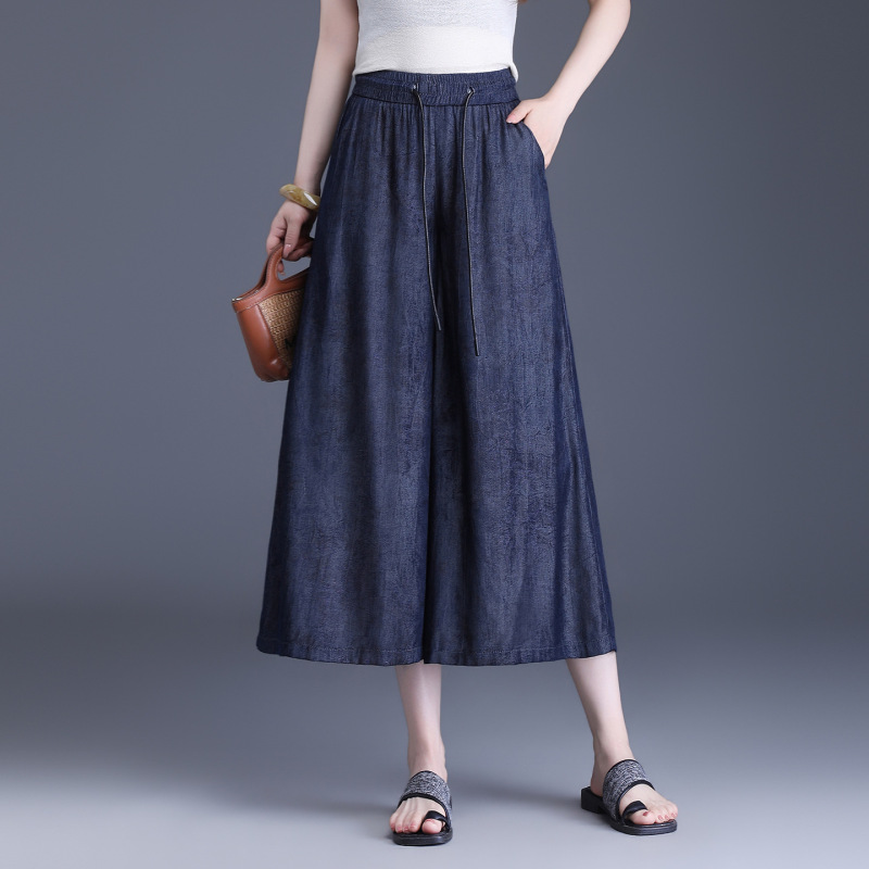 Summer New Style Denim Skirt Pants, Thin Plus-Size Loose Casual Pants, Elastic Waist, Slimming, Cropped Wide-Leg Pants