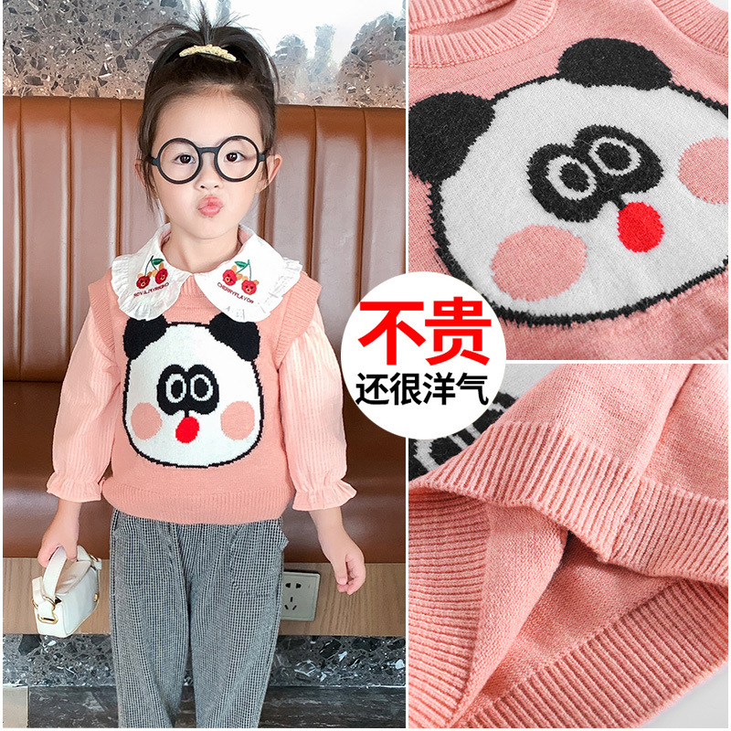 童装批发 秋季新款卡通熊猫马甲 韩版休闲儿童保暖毛衣套头打底衫