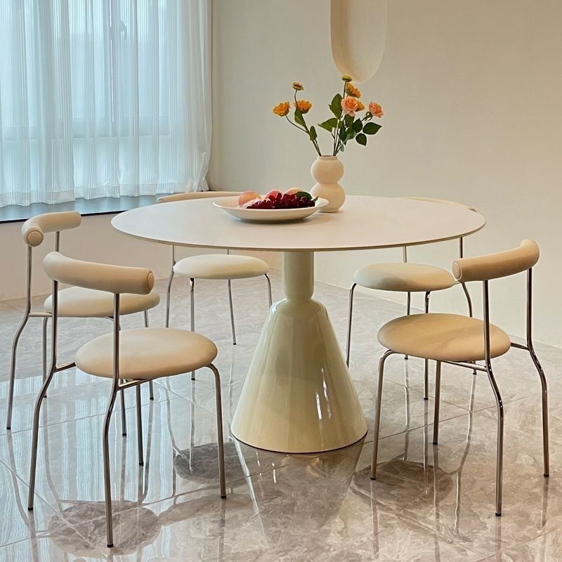 French Cream Style Pure White Slate Dining Table Home Dining Table and Chairs Modern Simple Small Apartment Round Holy Grail Dining Table